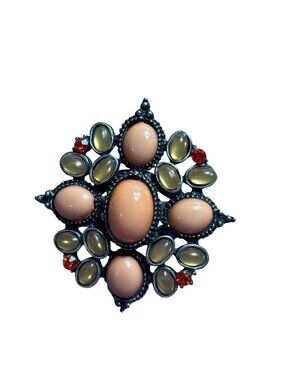 Vintage Y2K Statement Stretchy Ring Signed RA Orange and Yellow Cabchons Red Rhi
